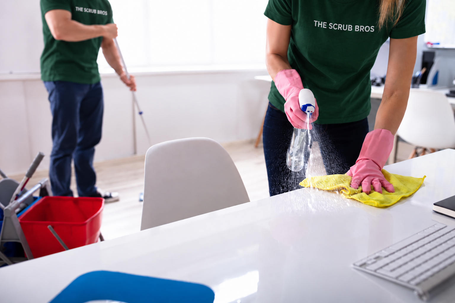 Two Scrub Bros team members cleaning a bright office — one spraying and wiping a desk, one mopping in the background