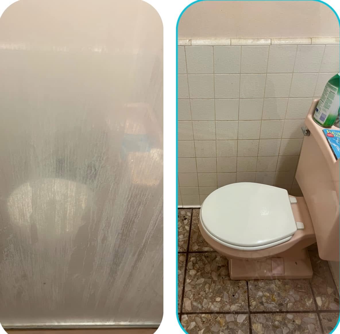 Before and after of a hard-water shower door and bathroom cleaned by Scrub Bros