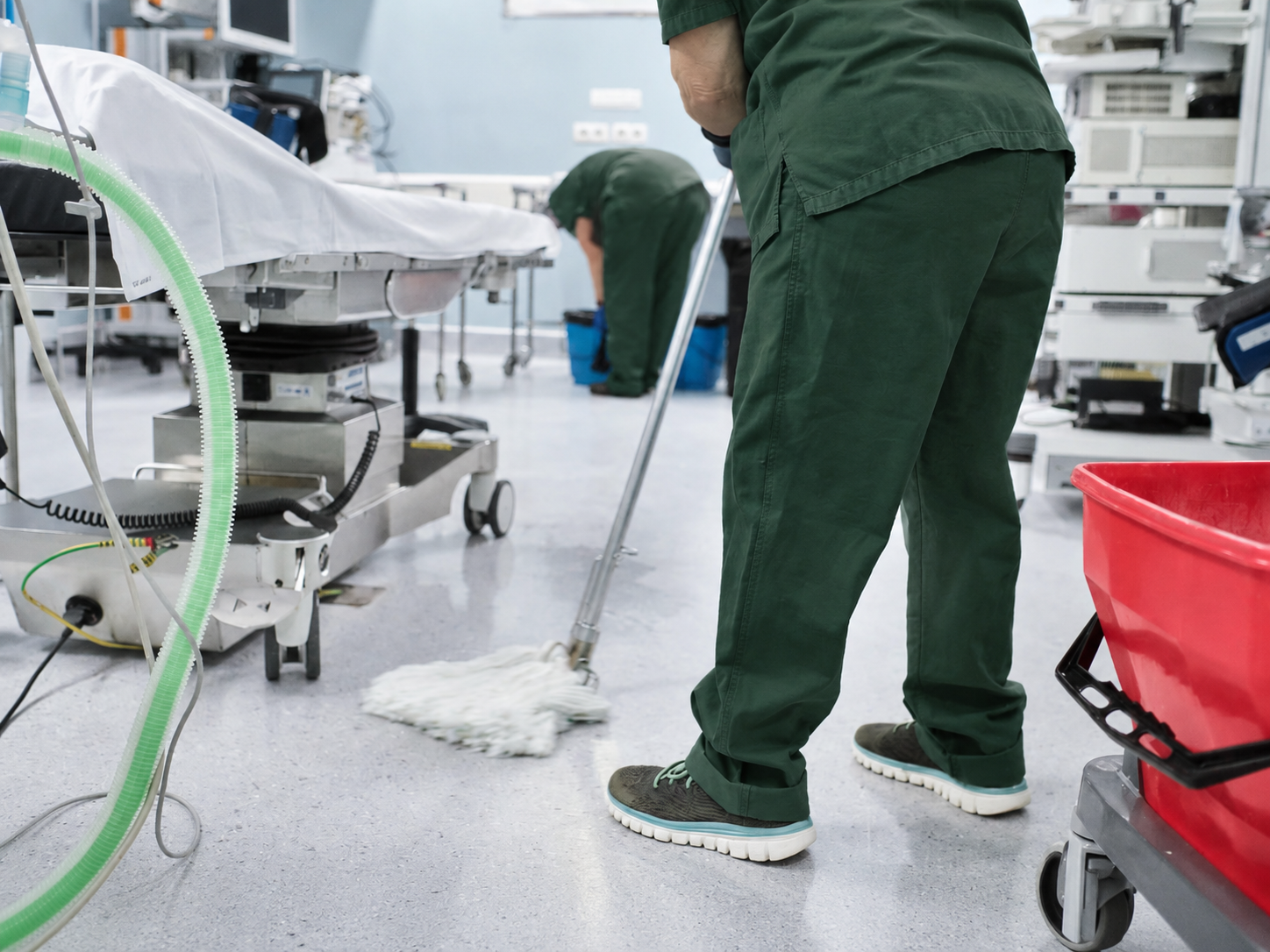 Cleaning crew mopping the floor of a hospital operating room with a mop and bucket cart